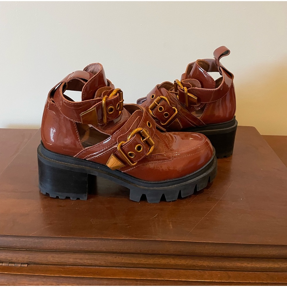 Jeffrey Campbell Brown Patent Chunky Buckle Combat Boots